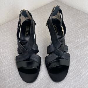 Michael Kors Black Patent Elastic Strap Heels 6.5M MK Logo Cone Heel Sandals
